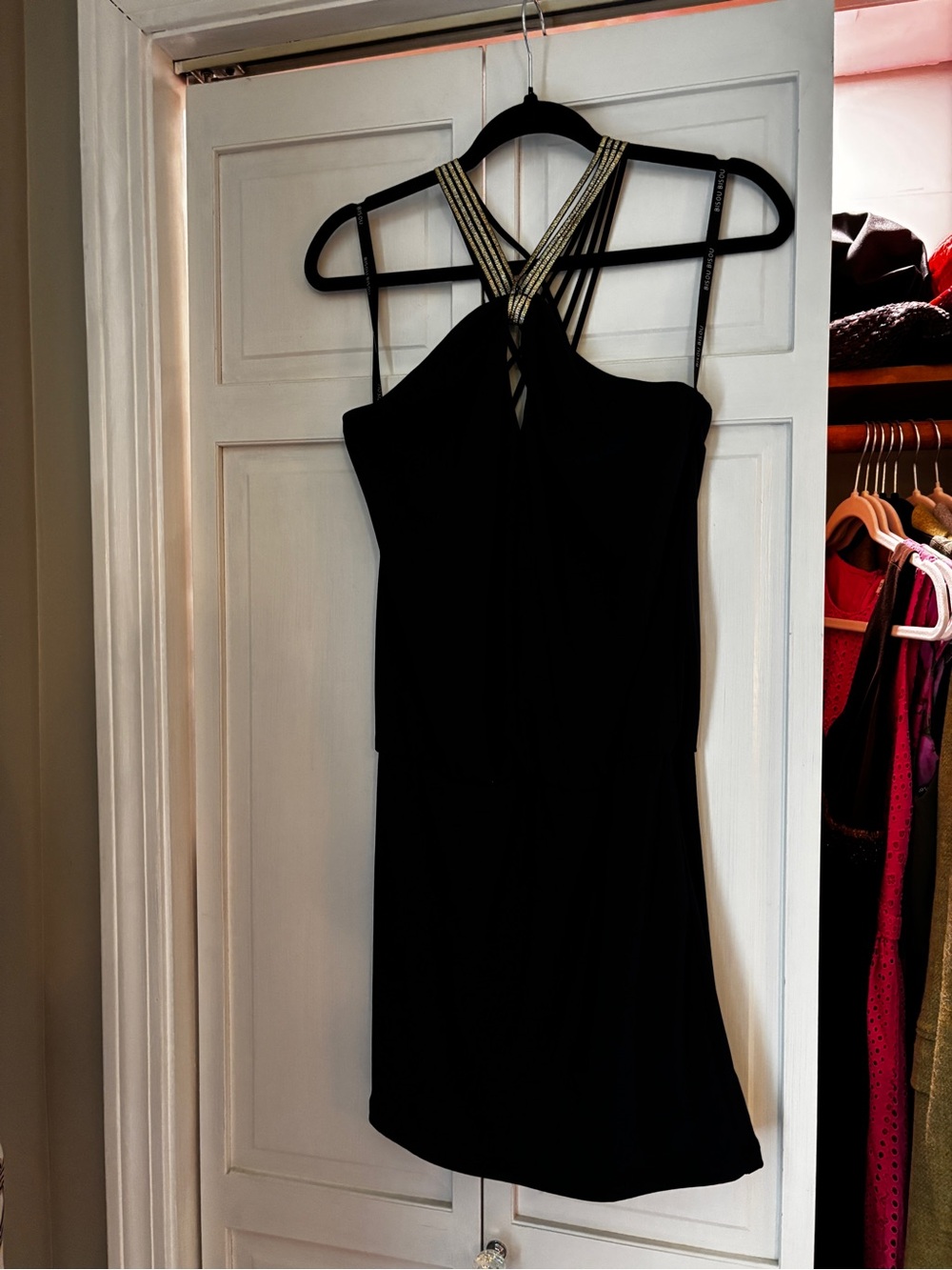 Bisou Bisou Black Mini Dress with Gold-Strap Detail